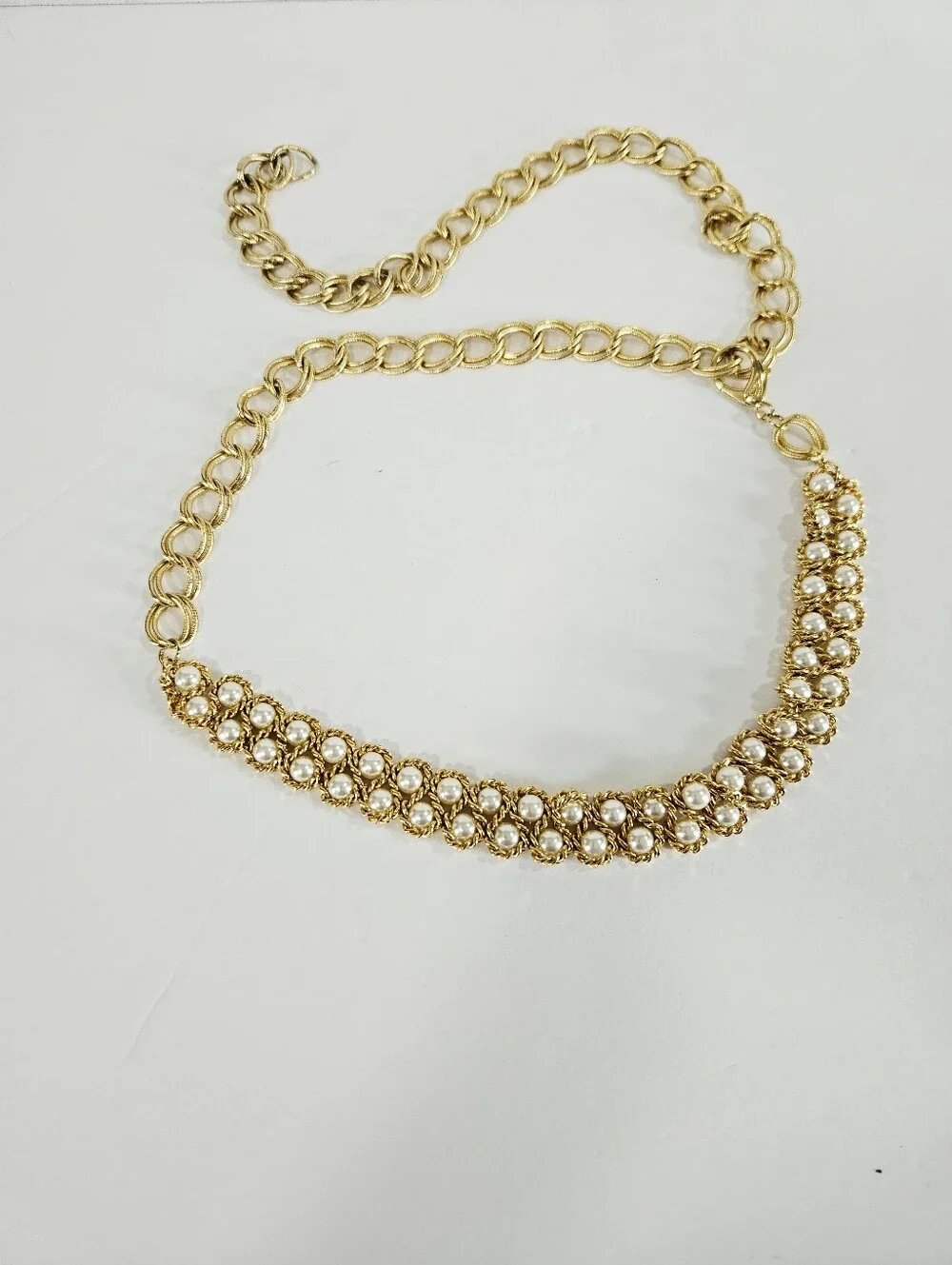 Vintage Gold Tone Double Row Faux Pearl Textured Twist Chain Linked Metal Belt